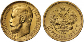 Russian Empire, Nicholas II (1894-1917), gold 15 Roubles, 1897, St. Petersburg mint, head left, Cyrillic Russian legend Б. М. НИКОЛАЙ II ИМПЕРАТОРЪ И ...