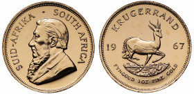 MS66 | South Africa, gold One Krugerrand, 1967, obverse depicts a portrait of Paul Kruger, President of the South African Republic (1883-1900) left, a...