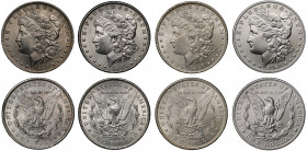 USA, silver Morgan Dollars (4), 1885 (2), 1887, 2021 anniversary restrike, laureated head of Lady Liberty left, LIBERTY inscribed on laureate, Latin m...