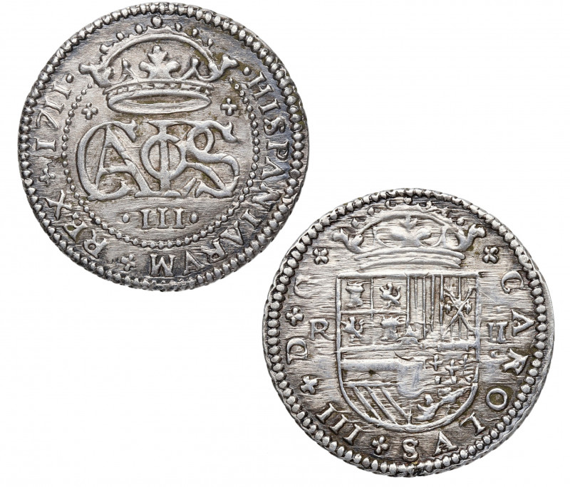 1711. Carlos III Pretendiente. Barcelona. 2 reales. A&C 32. Ag. 5,49 g. Bella. B...