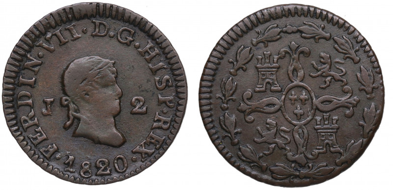 1820. Fernando VII (1808-1833). Jubia. 2 maravedís. A&C 134. Cu. 2,52 g. MBC+ / ...