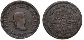 1820. Fernando VII (1808-1833). Jubia. 2 maravedís. A&C 134. Cu. 2,52 g. MBC+ / EBC-. Est.50.