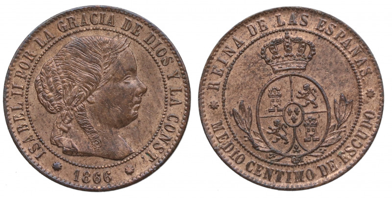 1866. Isabel II (1833-1868). Barcelona. 1/2 Céntimo de Escudo. OM. A&C 199. Cu. ...