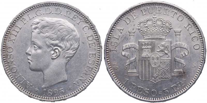 1895. Alfonso XIII (1886-1931). Puerto Rico. 1 Peso. PGV. A&C 128. Ag. 24,97 g. ...