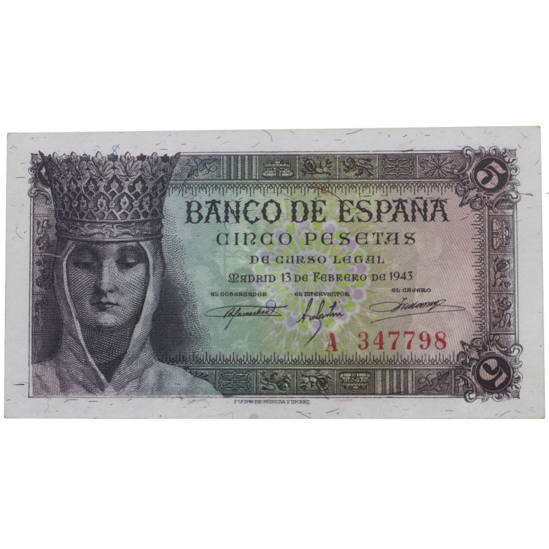 1943. Franco (1939-1975). SIN Serie. 5 pesetas. Apresto. Insignificante tono en ...