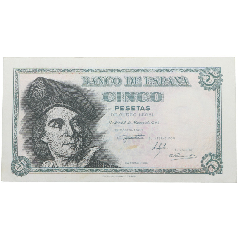 1948. Franco (1939-1975). Serie M. 5 pesetas. Apresto. Inapreciable doblez centr...