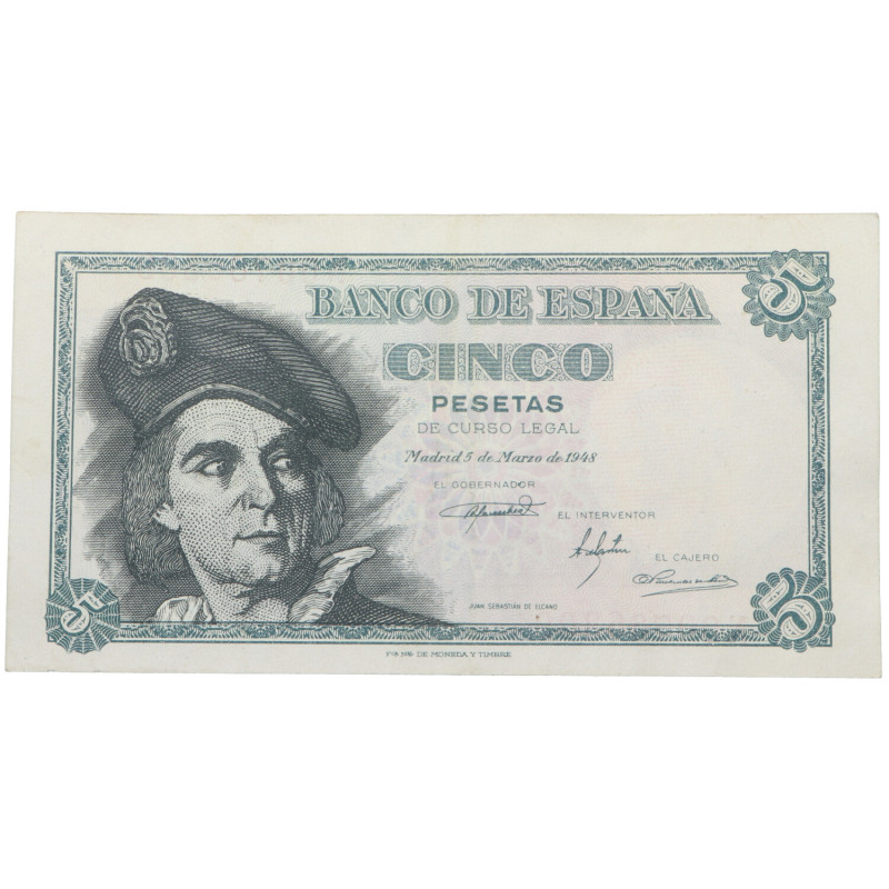 1948. Franco (1939-1975). Serie N. 5 pesetas. Apresto. Doblez central. Ligero to...