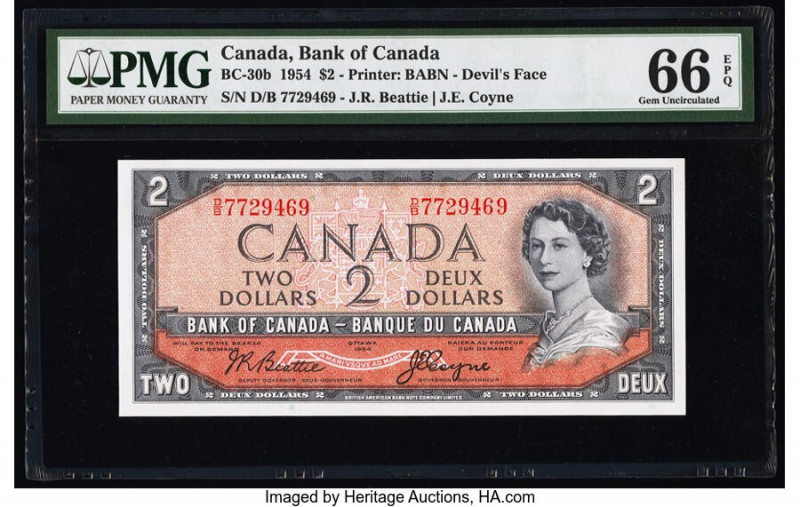 Canada Bank of Canada $2 1954 BC-30b "Devil's Face" PMG Gem Uncirculated 66 EPQ....