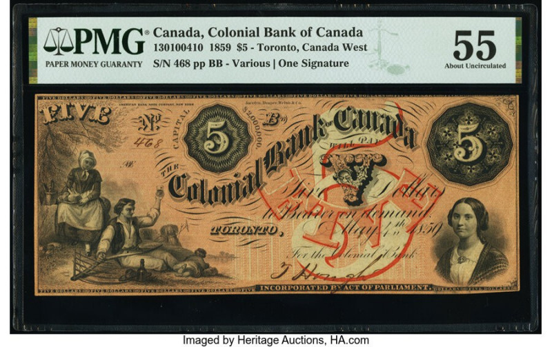 Canada Toronto, CW- Colonial Bank of Canada $5 4.5.1859 Ch.# 130-10-04-10 PMG Ab...