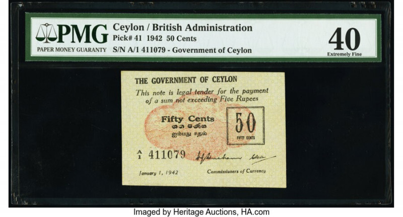 Ceylon Government of Ceylon 50 Cents 1.1.1942 Pick 41 PMG Extremely Fine 40. 

H...