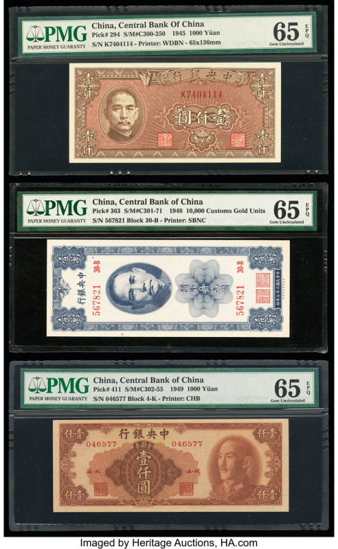 China Central Bank of China 1000 (2) Yuan; 10,000 Custom Gold Units 1945; 1948; ...