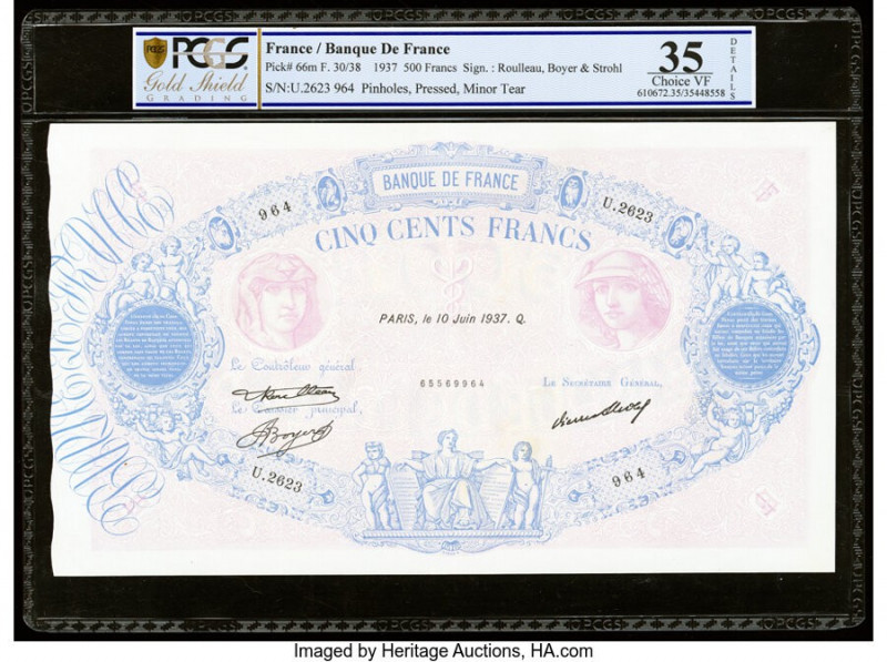 France Banque de France 500 Francs 10.6.1937 Pick 66m PCGS Gold Shield Choice VF...