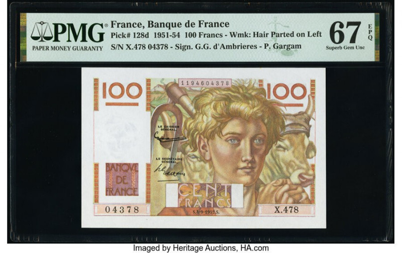 France Banque de France 100 Francs 4.9.1952 Pick 128d PMG Superb Gem Unc 67 EPQ....