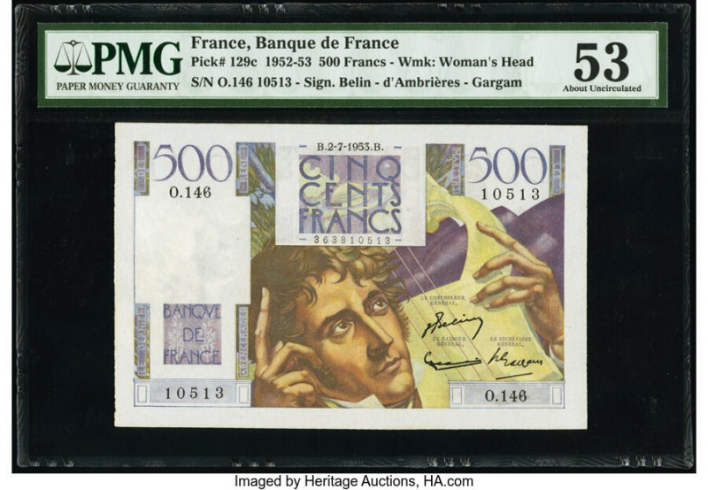 France Banque de France 500 Francs 2.7.1953 Pick 129c PMG About Uncirculated 53....