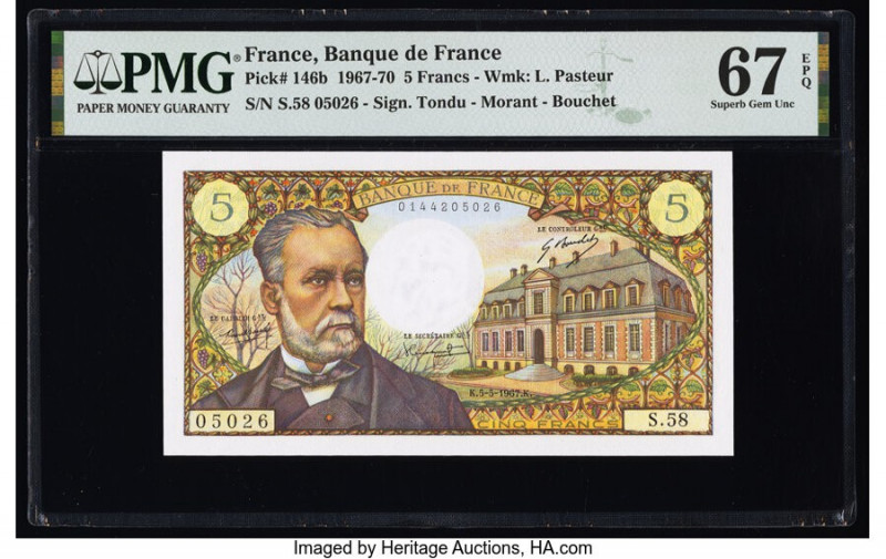 France Banque de France 5 Francs 5.5.1967 Pick 146b PMG Superb Gem Unc 67 EPQ. 
...