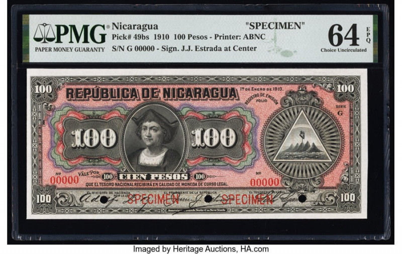 Nicaragua Billete del Tesoro Nacional 100 Pesos 1.1.1910 Pick 49bs Specimen PMG ...