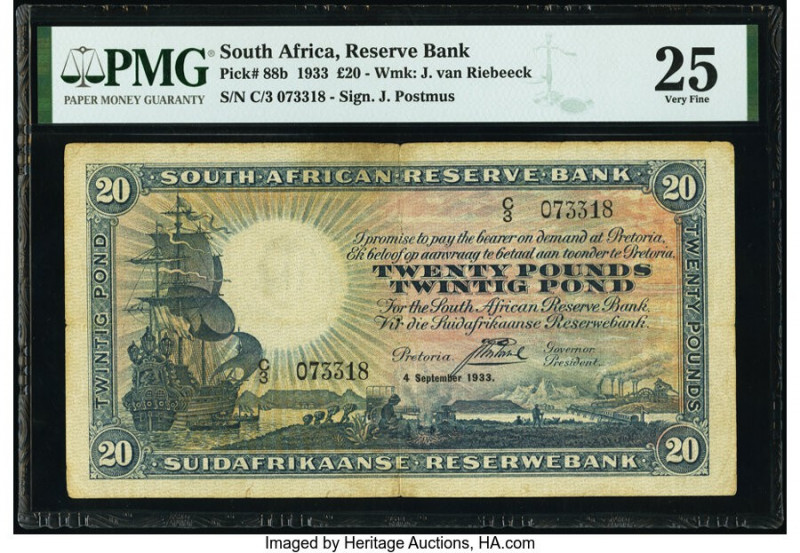 South Africa South African Reserve Bank 20 Pounds 4.9.1933 Pick 88b PMG Very Fin...