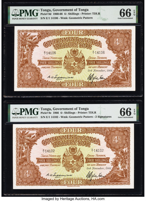 Tonga Government of Tonga 4 Shillings 3.11.1966 Pick 9d; 9e Two Examples PMG Gem...