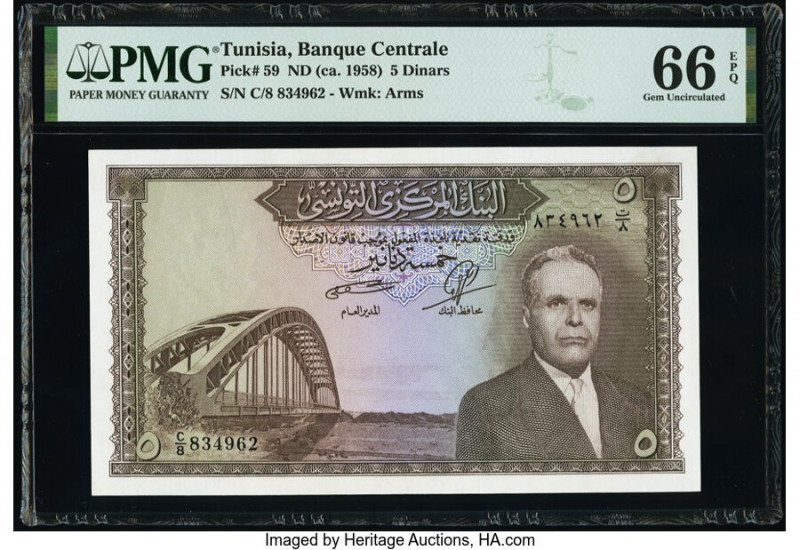 Tunisia Banque Centrale 5 Dinars ND (ca. 1958) Pick 59 PMG Gem Uncirculated 66 E...