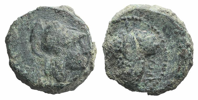Northern Apulia, Arpi, c. 215-212 BC. Æ (13mm, 3.78g, 5h). Helmeted head of Athe...