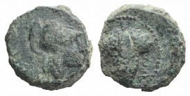 Northern Apulia, Arpi, c. 215-212 BC. Æ (13mm, 3.78g, 5h). Helmeted head of Athena r. R/ Bunch of grapes. HNItaly 650; SNG ANS 646. Green patina, Fine...