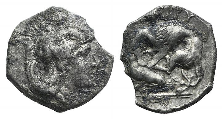 Southern Apulia, Tarentum, c. 380-325 BC. AR Diobol (11mm, 0.89g, 3h). Head of A...