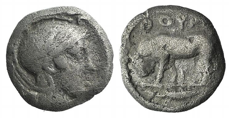 Southern Lucania, Thourioi, c. 443-400 BC. AR Triobol (11mm, 1.154, 9h). Helmete...