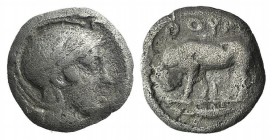 Southern Lucania, Thourioi, c. 443-400 BC. AR Triobol (11mm, 1.154, 9h). Helmeted head of Athena r., helmet decorated with wreath. R/ Bull standing l....