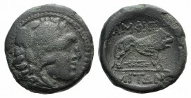 Macedon, Amphipolis, c. 148-32/1 BC. Æ (21mm, 7.90g, 1h). Head of Herakles r., wearing lion skin. R/ Lion standing r.; grain ear below. SNG ANS 121-2....