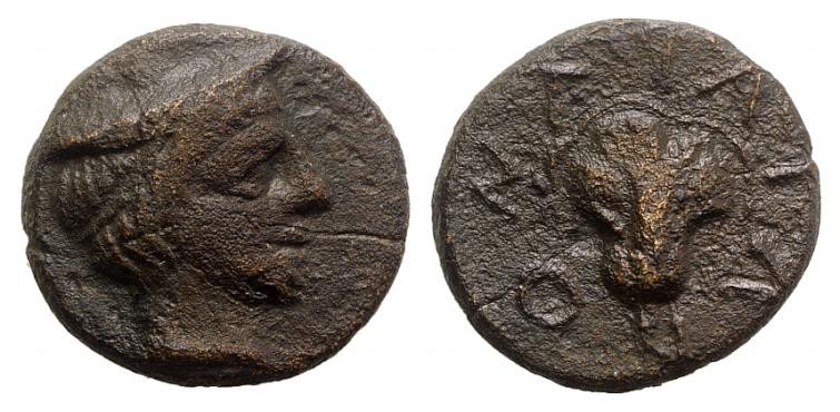 Macedon, Tragilos, c. 400 BC. Æ (15mm, 3.97g, 12h). Head of Hermes r., wearing p...