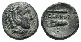 Kings of Macedon, Alexander III “the Great” (336-323 BC). Æ (17mm, 6.27g, 3h). Uncertain mint, c. 336-323. Head of Herakles r., wearing lion skin. R/ ...