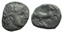 Kings of Macedon, Alexander III ‘the Great' (336-323). Æ Unit (12mm, 2.28g, 4h). Young male head r., wearing tainia. R/ Horse prancing r.; trident bel...