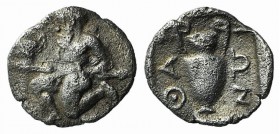 Island of Thrace, Thasos, c. 404-340 BC. AR Trihemiobol (10mm, 0.73g, 12h). Satyr kneeling l., carrying Kantharos. R/ Amphora. Le Rider 27; SNG Copenh...