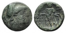 Aetolian League, c. 250-150 BC. Æ Hemiobol (17mm, 5.79g, 6h). Helmeted head of Athena r. R/ Herakles standing l., head r., holding lion-skin and club....