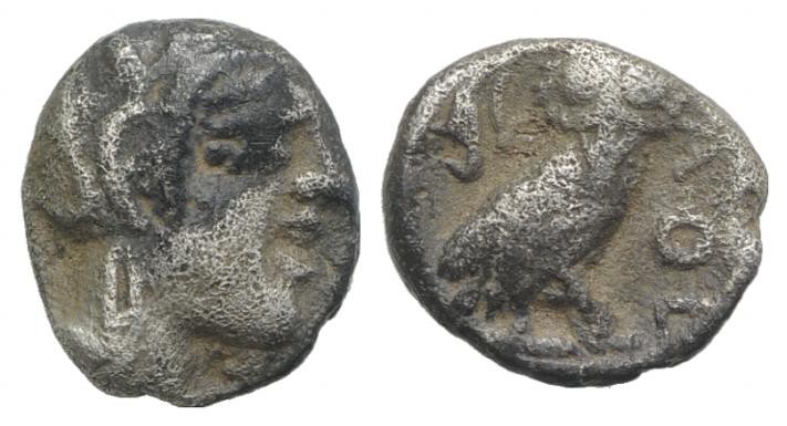 Attica, Athens, c. 454-404 BC. AR Obol (7.5mm, 0.66g, 3h). Helmeted head of Athe...