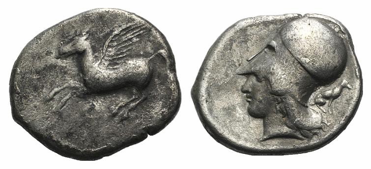 Corinth, c. 400-375 BC. AR Stater (23mm, 8.22g, 7h). Pegasos flying l. R/ Helmet...