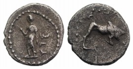 Asia Minor, Uncertain, 4th century BC. AR Obol(?) (9mm, 0.60g, 6h). Bull butting r. R/ Figure standing l. Unpublished in the standard references, but ...