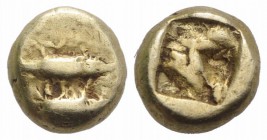 Mysia, Kyzikos, c. 600-550 BC. EL Hemihekte – Twelfth Stater (6.5mm, 1.33g). Two tunnies l. R/ Incuse square punch. Hurter & Liewald III 34.2. Near VF...