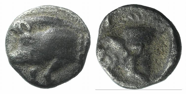 Mysia, Kyzikos, c. 525-475 BC. AR Tetartemorion (6mm, 0.28g, 12h). Forepart of b...
