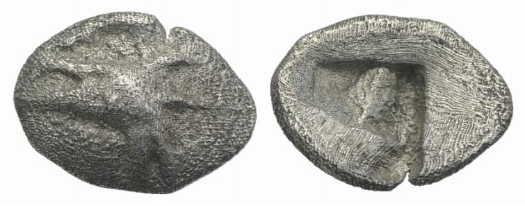 Mysia, Kyzikos, c. 500 BC. AR Hemiobol (8mm, 0.39g). Head of tunny r. R/ Quadrip...