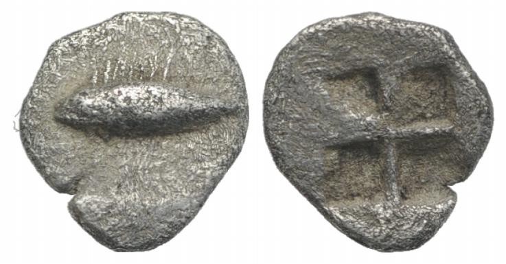 Mysia, Kyzikos, c. 500 BC. AR Tetartemorion (6mm, 0.24g). Tunny l. R/ Quadripart...