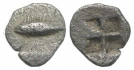 Mysia, Kyzikos, c. 500 BC. AR Tetartemorion (6mm, 0.24g). Tunny l. R/ Quadripartite incuse square. Cf. Von Fritze II 5 (Hemiobol). About VF