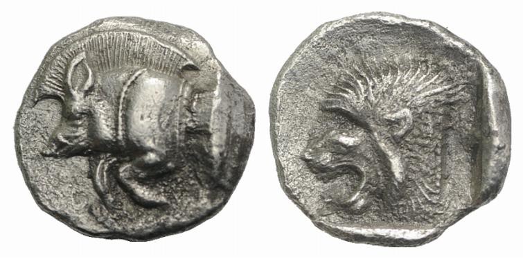 Mysia, Kyzikos, c. 450-400 BC. AR Obol (10mm, 0.85g, 6h). Forepart of boar l.; t...