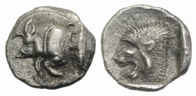 Mysia, Kyzikos, c. 450-400 BC. AR Obol (10mm, 0.85g, 6h). Forepart of boar l.; to r., tunny upward. R/ Head of lion l. within incuse square. Von Fritz...