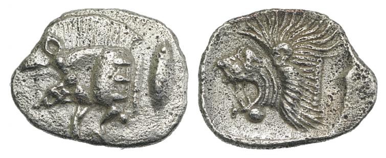 Mysia, Kyzikos, c. 450-400 BC. AR Obol (11mm, 0.62g, 12h). Forepart of boar l.; ...