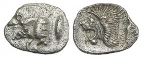 Mysia, Kyzikos, c. 450-400 BC. AR Obol (11mm, 0.62g, 12h). Forepart of boar l.; to r., tunny upward. R/ Head of lion l. within incuse square. Von Frit...
