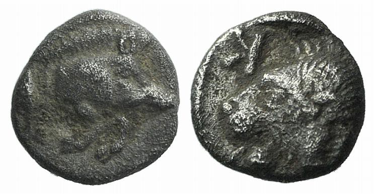 Mysia, Kyzikos, c. 450-400 BC. AR Hemiobol (6mm, 0.39g, 7h). Forepart of boar r....