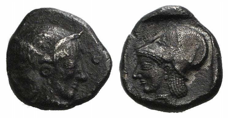 Mysia, Lampsakos, c. 500-450 BC. AR Diobol (9mm, 1.17g, 9h). Female janiform hea...