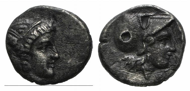 Mysia, Lampsakos, 4th-3rd centuries BC. AR Diobol (10mm, 1.18g, 12h). Female jan...
