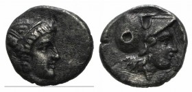 Mysia, Lampsakos, 4th-3rd centuries BC. AR Diobol (10mm, 1.18g, 12h). Female janiform head. R/ Head of Athena r., wearing crested Corinthian helmet. S...